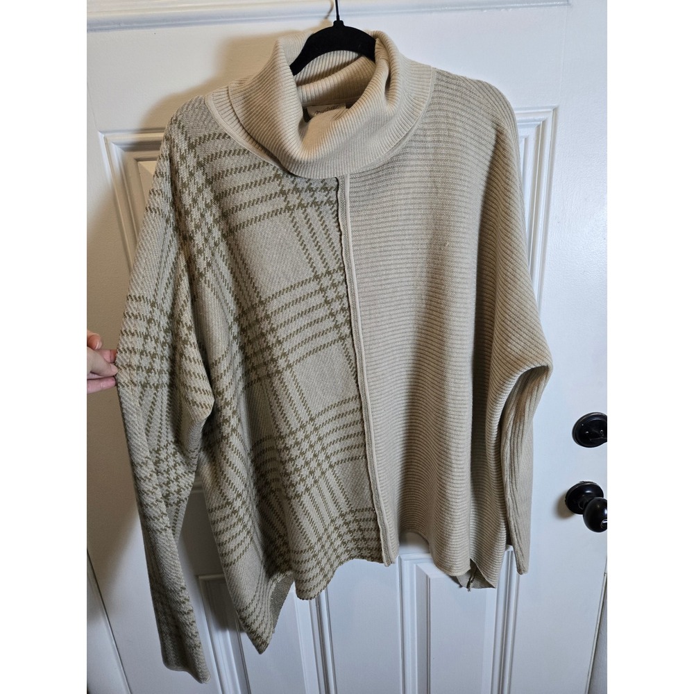 Mystree Womens XL Turtleneck Sweater Houndstooth Plaid Ribbed Mixed Media Beige